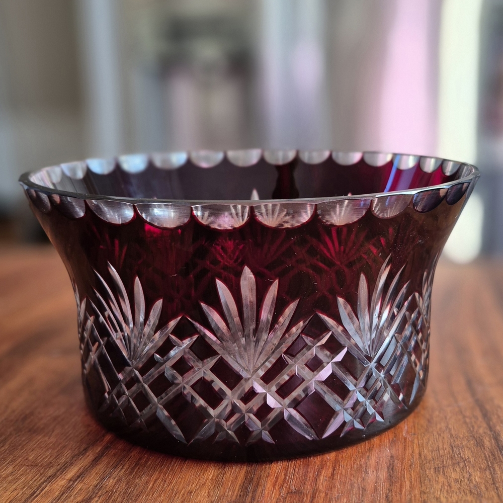 Elegant Ruby Red Cut To Clear Crystal Bowl
